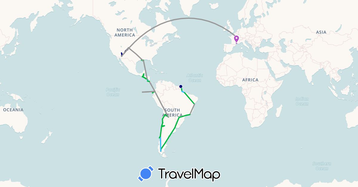 TravelMap itinerary: driving, bus, plane, train, boat in Argentina, Brazil, Chile, Costa Rica, Ecuador, France, French Guiana, Guatemala, Nicaragua, United States (Europe, North America, South America)